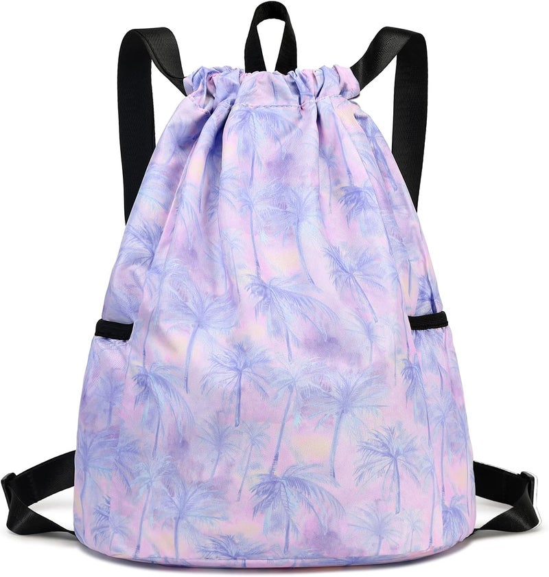 Ryushoyo Store Gym Bag for Girls, Drawstring Sports Bag Lgihtweight Large Travel Coconut Tree Purple Clinch bag - Image 1
